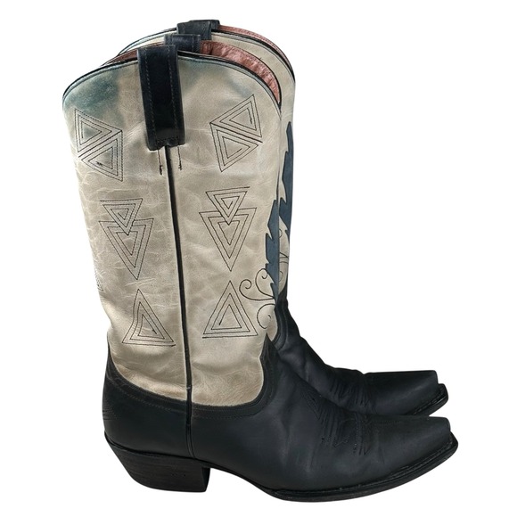 EIGHT SECOND ANGEL Shoes - EIGHT SECOND ANGEL AZTEC‎ FEATHER Cowboy Boots Women's Sz 8 Cream/Gray / Black